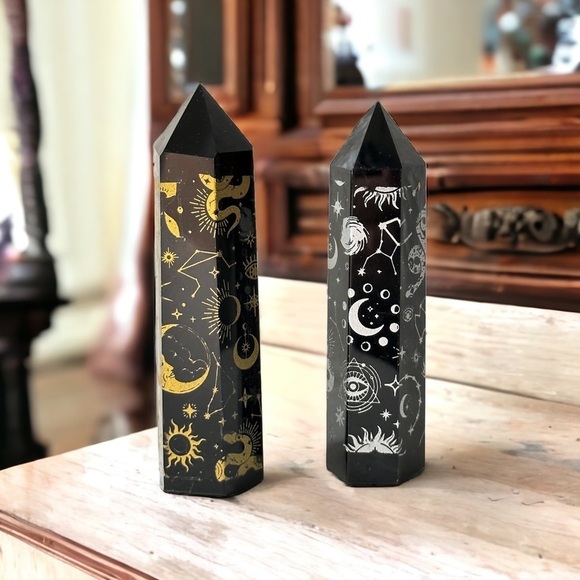BLACK Obsidian Gold Cosmic Symbols Protection Crystal Obelisk Towers - Picture 4 of 4